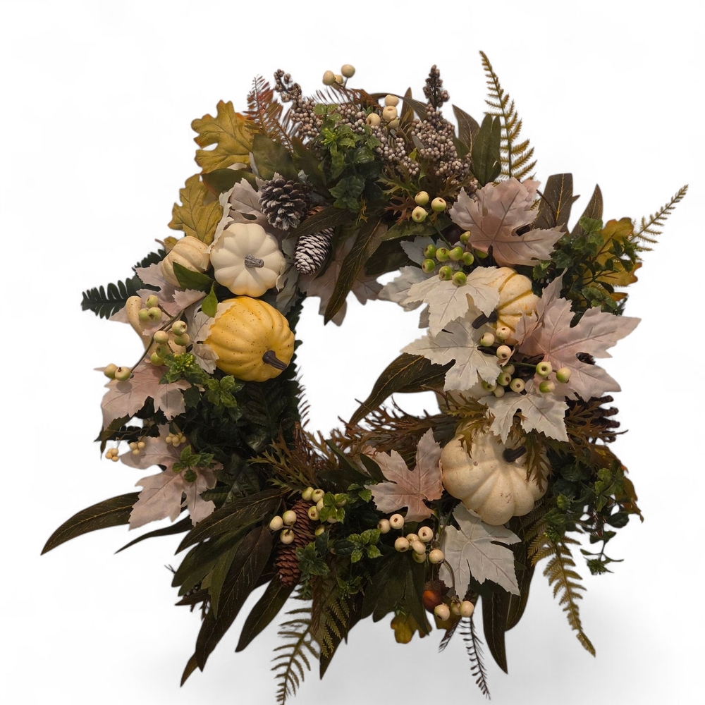 Fall Autumn Harvest Wreath with Pumpkins and Pinecones